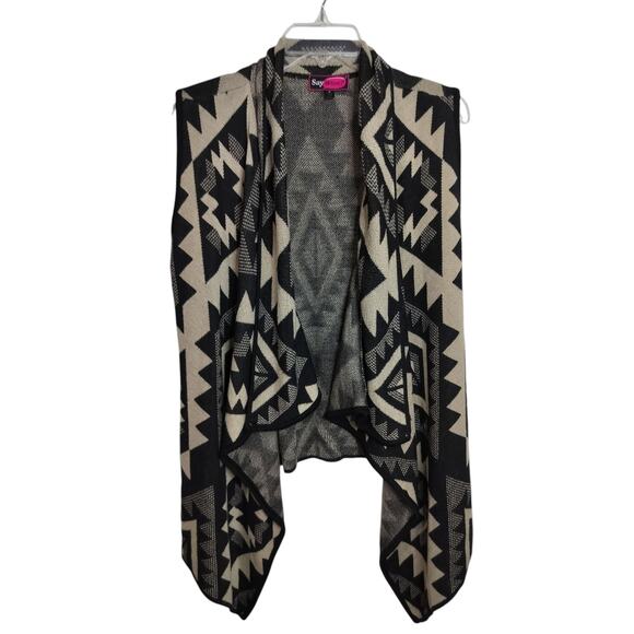 4346)Say What Open Drape Knitted Aztec Pattern Black Beige Boho Cardigan Medium - Picture 1 of 7